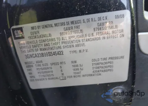 2009 Chevrolet Hhr Lt z USA, uszkodzony, nr VIN 3GNCA23B99S545422